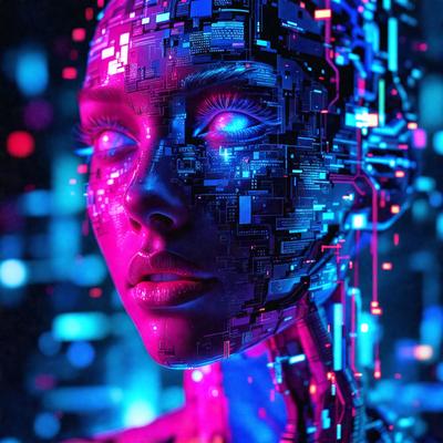The primary subject of the image is a woman with a futuristic, digital appearance. She has a pink and blue color scheme, which gives her a unique and eye-catching look. The setting is a dark room with a blue background, which further emphasizes the woman's vibrant colors. The visual style of the image is a combination of photo and digital art, creating a striking and surreal scene. The overall atmosphere of the image is one of intrigue and fascination, as the woman's appearance defies